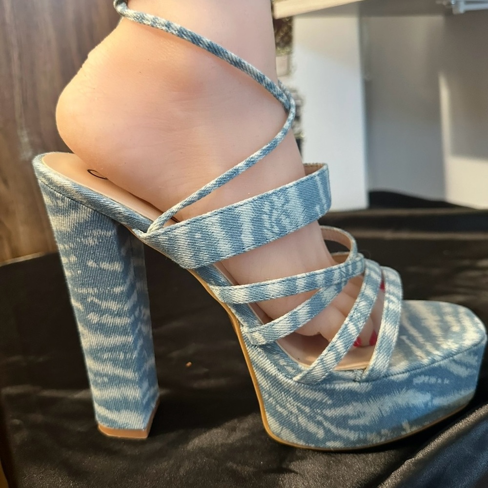 Denim Strappy Block Heel Sandals size10, 6’in